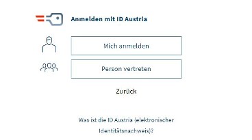 Auswahl zwischen "Mich anmelden" und "Person vertreten"