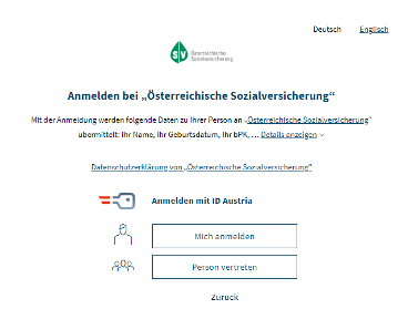 Auswahl zwischen "Mich anmelden" und "Person vertreten"