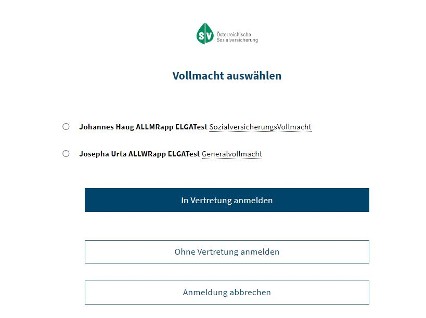 Vollmacht auswählen und in Vertretung anmelden