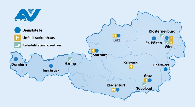 Österreichkarte mit allen Dienststellen und Behandlungseinrichtungen der AUVA
