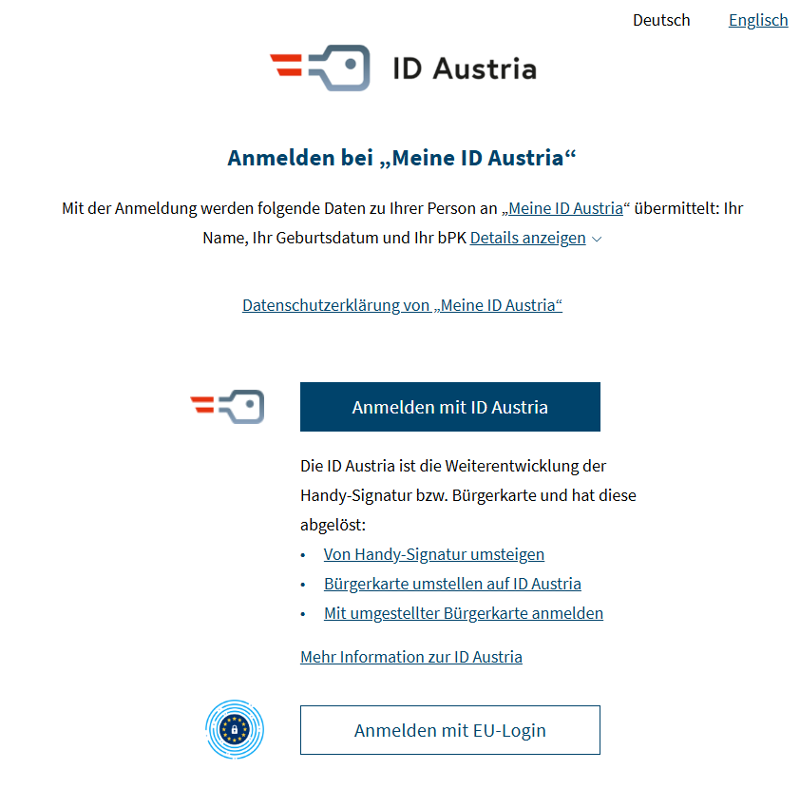 Anmeldung am Vollmachtenservice mit ID Austria