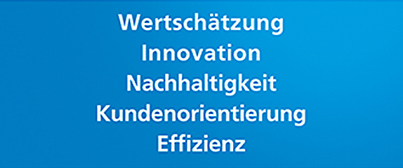 Poster mit Aufschrift - Wertschätzung, Innovation, Nachhaltigkeit, Kundenorientierung, Effizienz