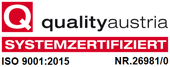 qualityaustria systemzertifiziert ISO 9001:2015 (NR. 26981/0)