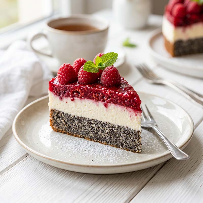 Mehr Informationen zum Thema: Mohn-Topfen-Himbeertorte