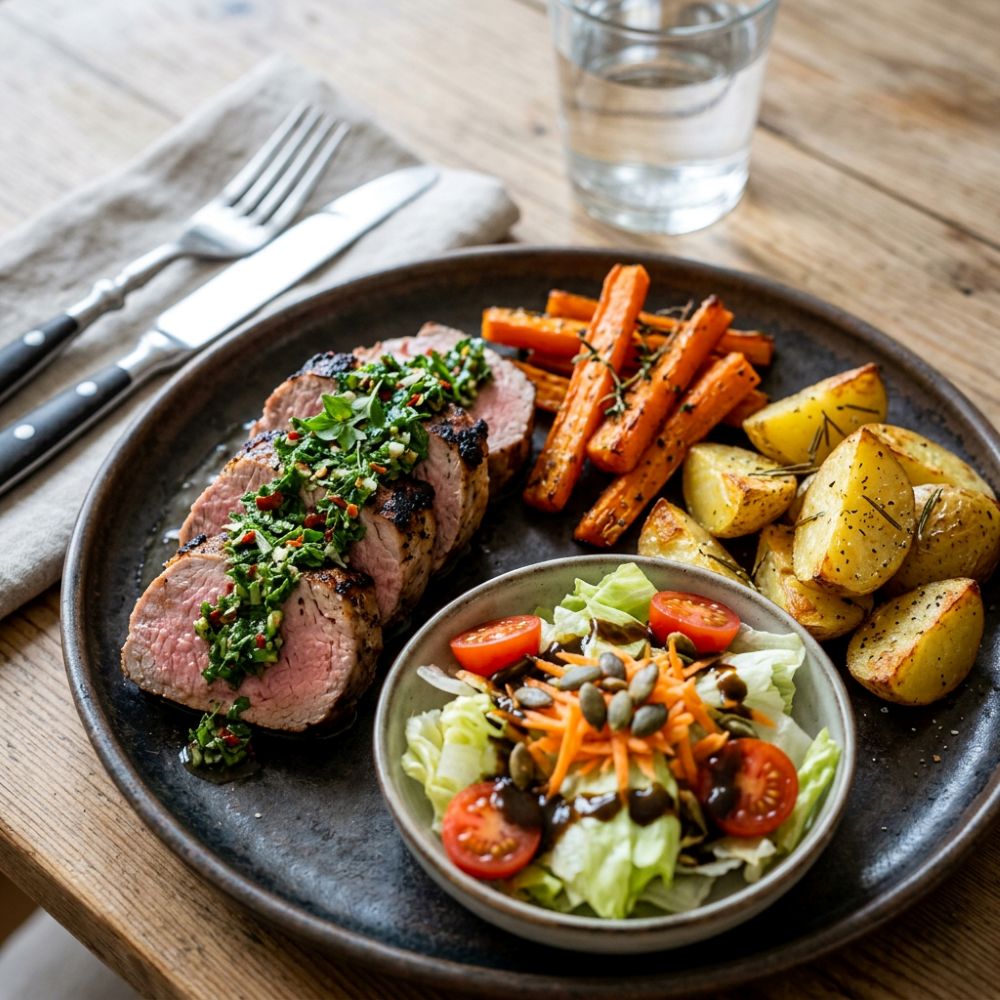 Mehr Informationen zum Thema: HauptspeiseSchweinefilet mit Chimichurri, Erdäpfel, glacierte Karotten und buntem Salat